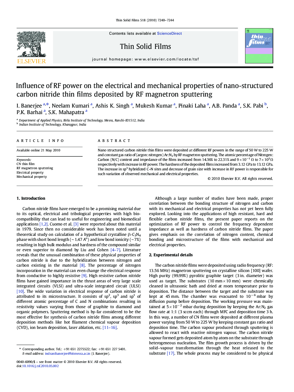 Influence of RF power on the electrical and mechanical properties of nano-structured carbon nitride thin films deposited by RF magnetron sputtering