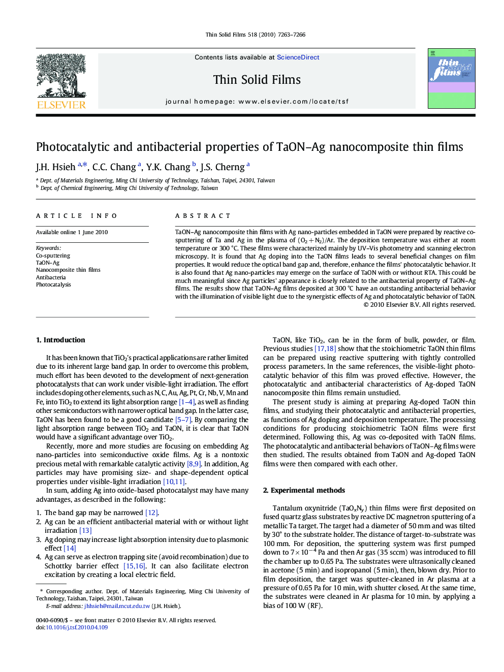 Photocatalytic and antibacterial properties of TaON–Ag nanocomposite thin films