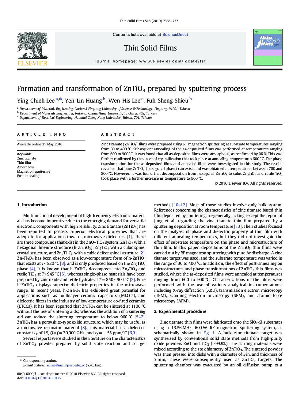 Formation and transformation of ZnTiO3 prepared by sputtering process