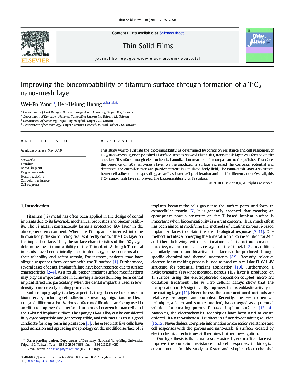 Improving the biocompatibility of titanium surface through formation of a TiO2 nano-mesh layer