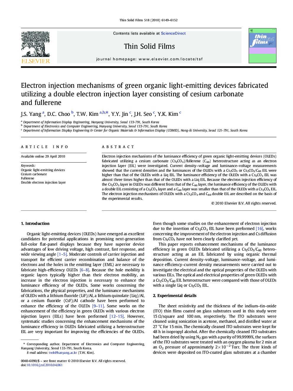 Electron injection mechanisms of green organic light-emitting devices fabricated utilizing a double electron injection layer consisting of cesium carbonate and fullerene