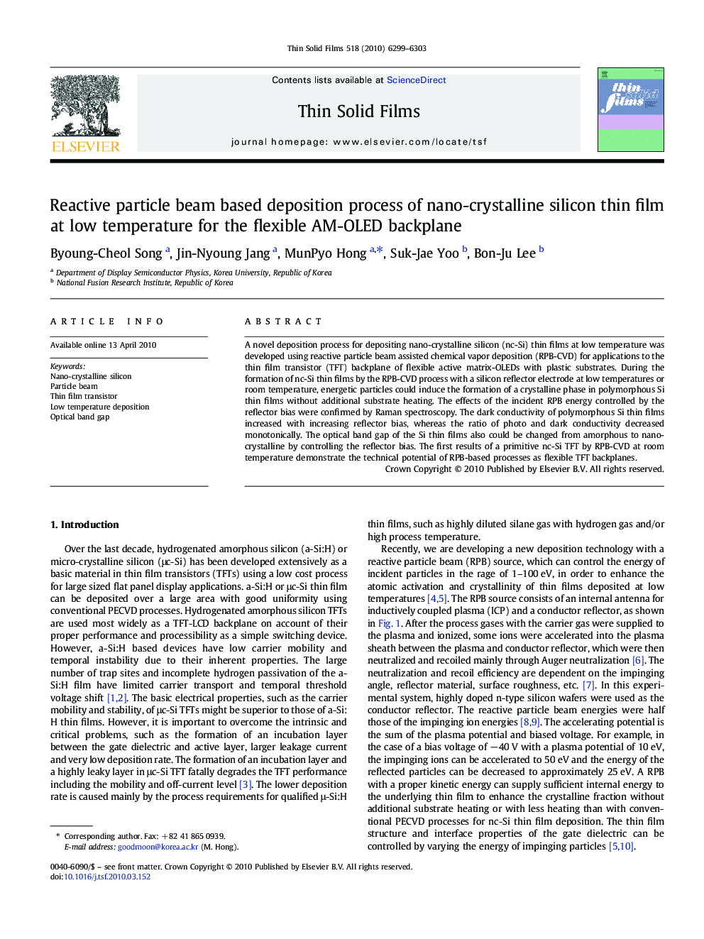 Reactive particle beam based deposition process of nano-crystalline silicon thin film at low temperature for the flexible AM-OLED backplane