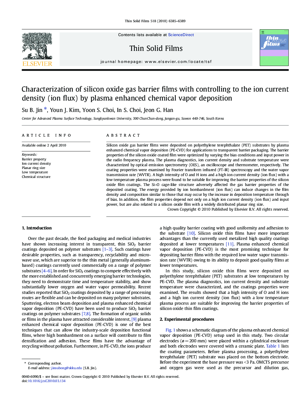 Characterization of silicon oxide gas barrier films with controlling to the ion current density (ion flux) by plasma enhanced chemical vapor deposition