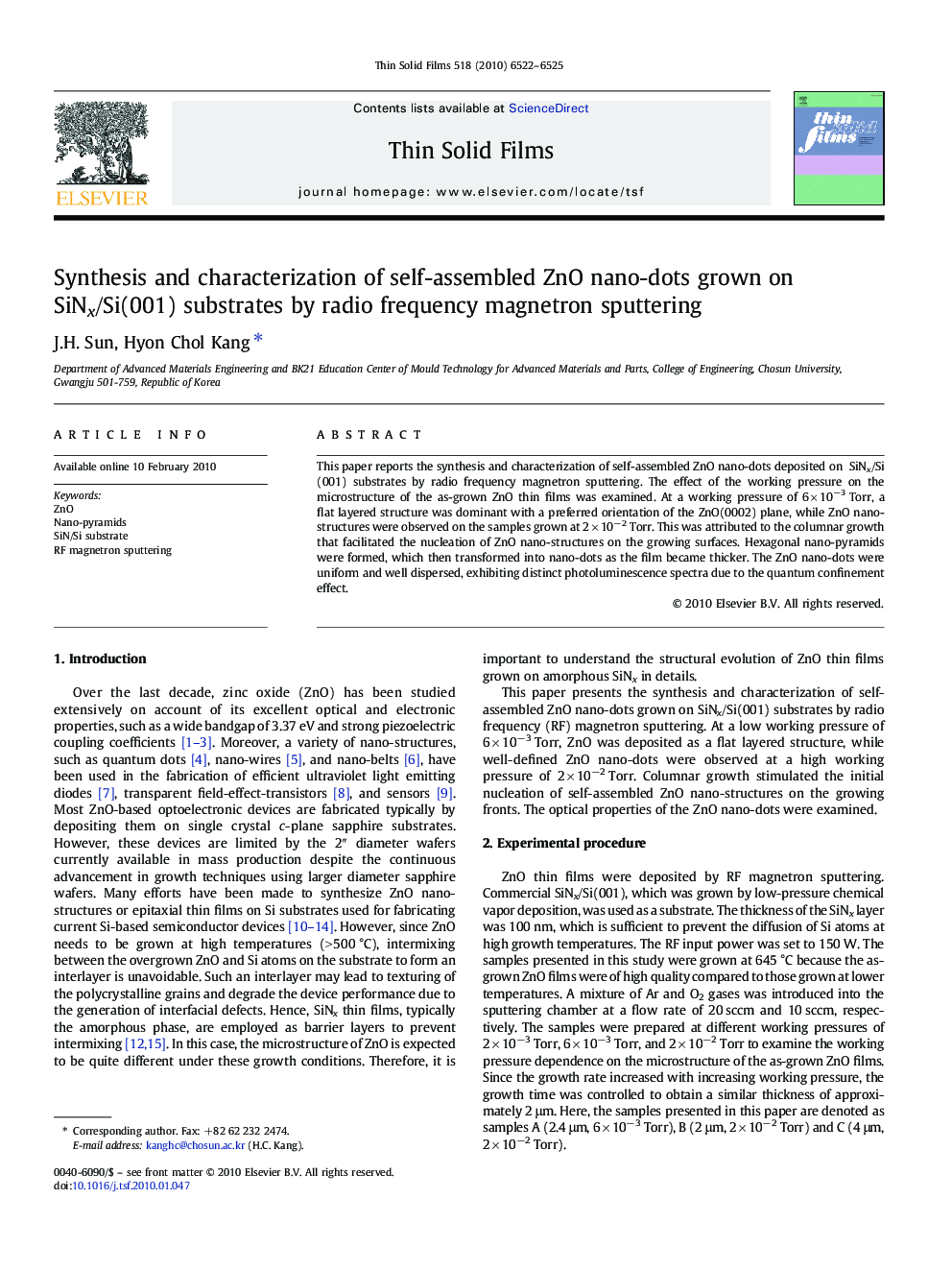 Synthesis and characterization of self-assembled ZnO nano-dots grown on SiNx/Si(001) substrates by radio frequency magnetron sputtering