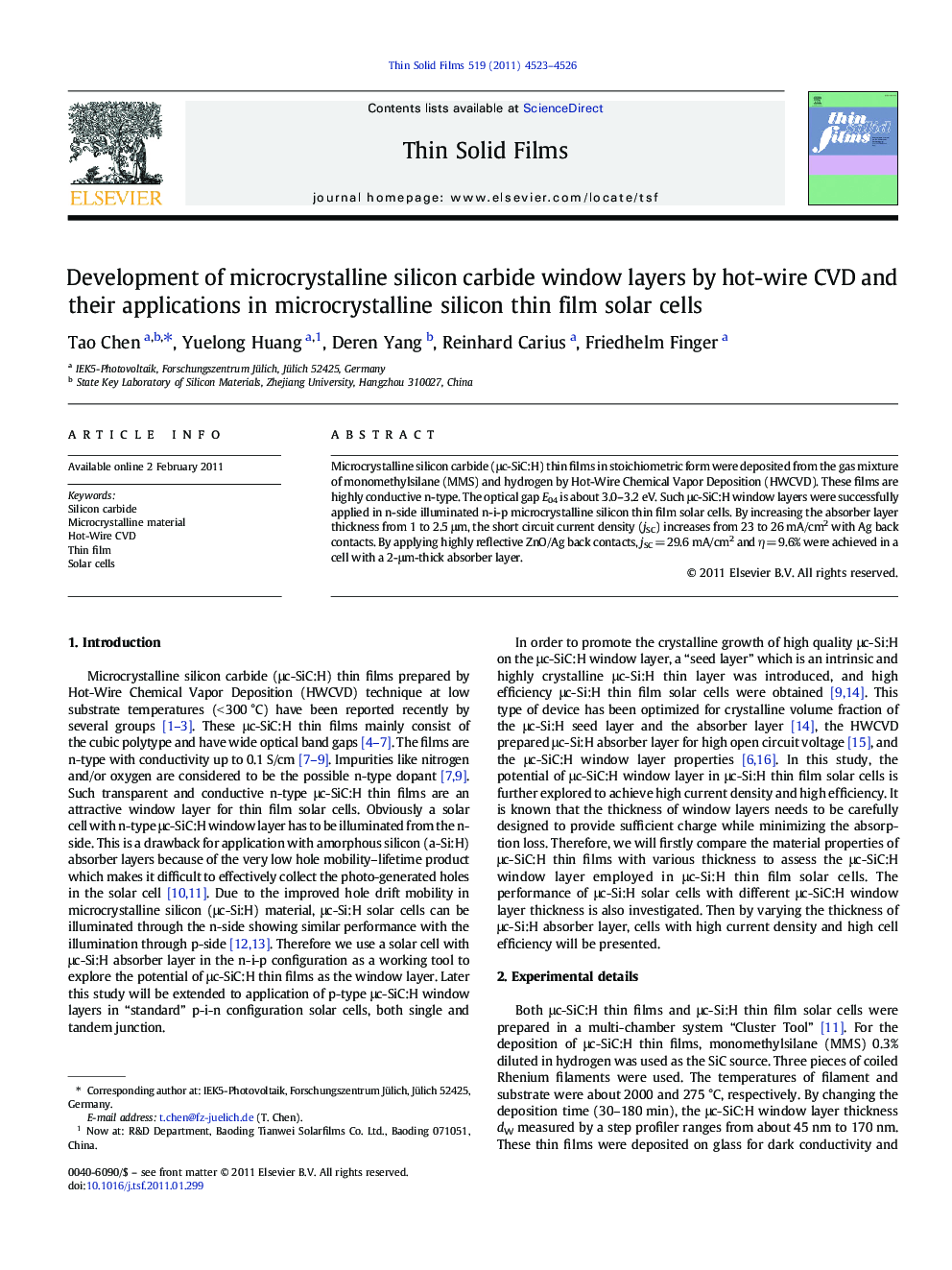 Development of microcrystalline silicon carbide window layers by hot-wire CVD and their applications in microcrystalline silicon thin film solar cells