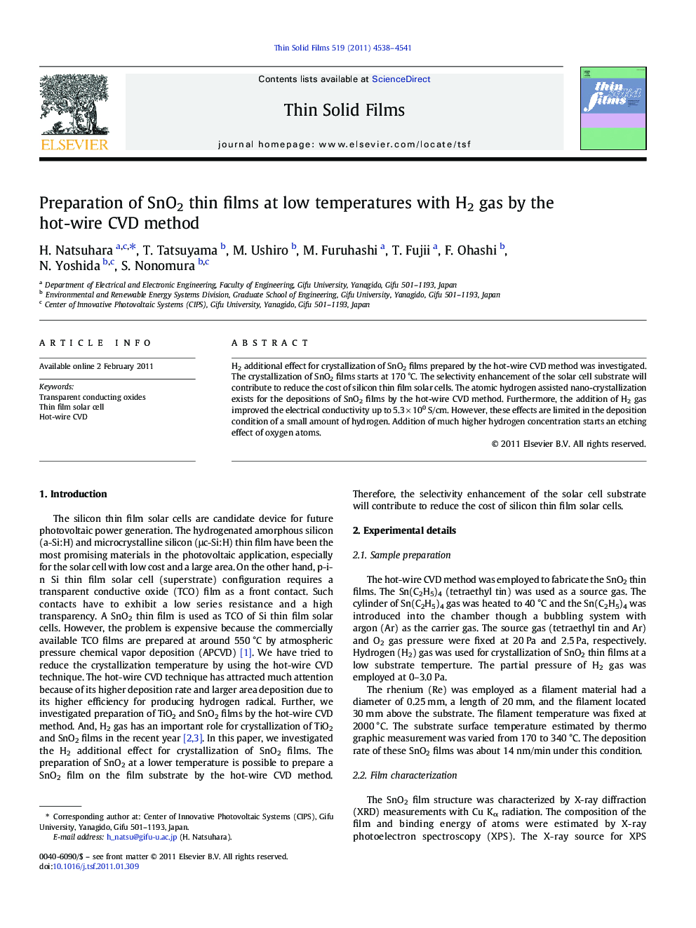 Preparation of SnO2 thin films at low temperatures with H2 gas by the hot-wire CVD method