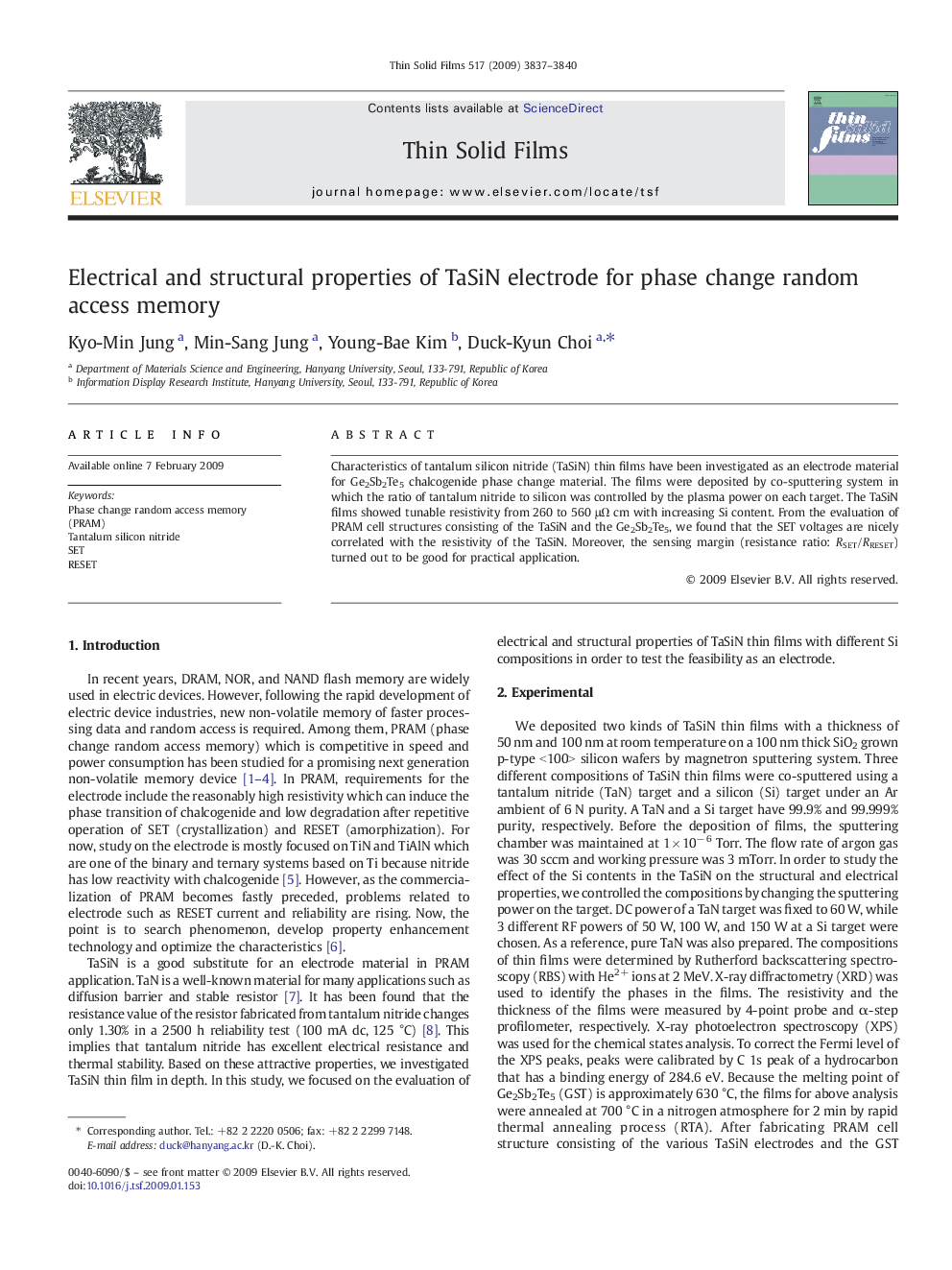 Electrical and structural properties of TaSiN electrode for phase change random access memory