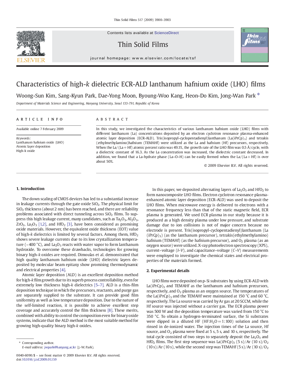 Characteristics of high-k dielectric ECR-ALD lanthanum hafnium oxide (LHO) films