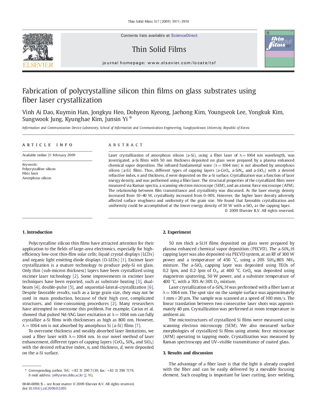 Fabrication of polycrystalline silicon thin films on glass substrates using fiber laser crystallization