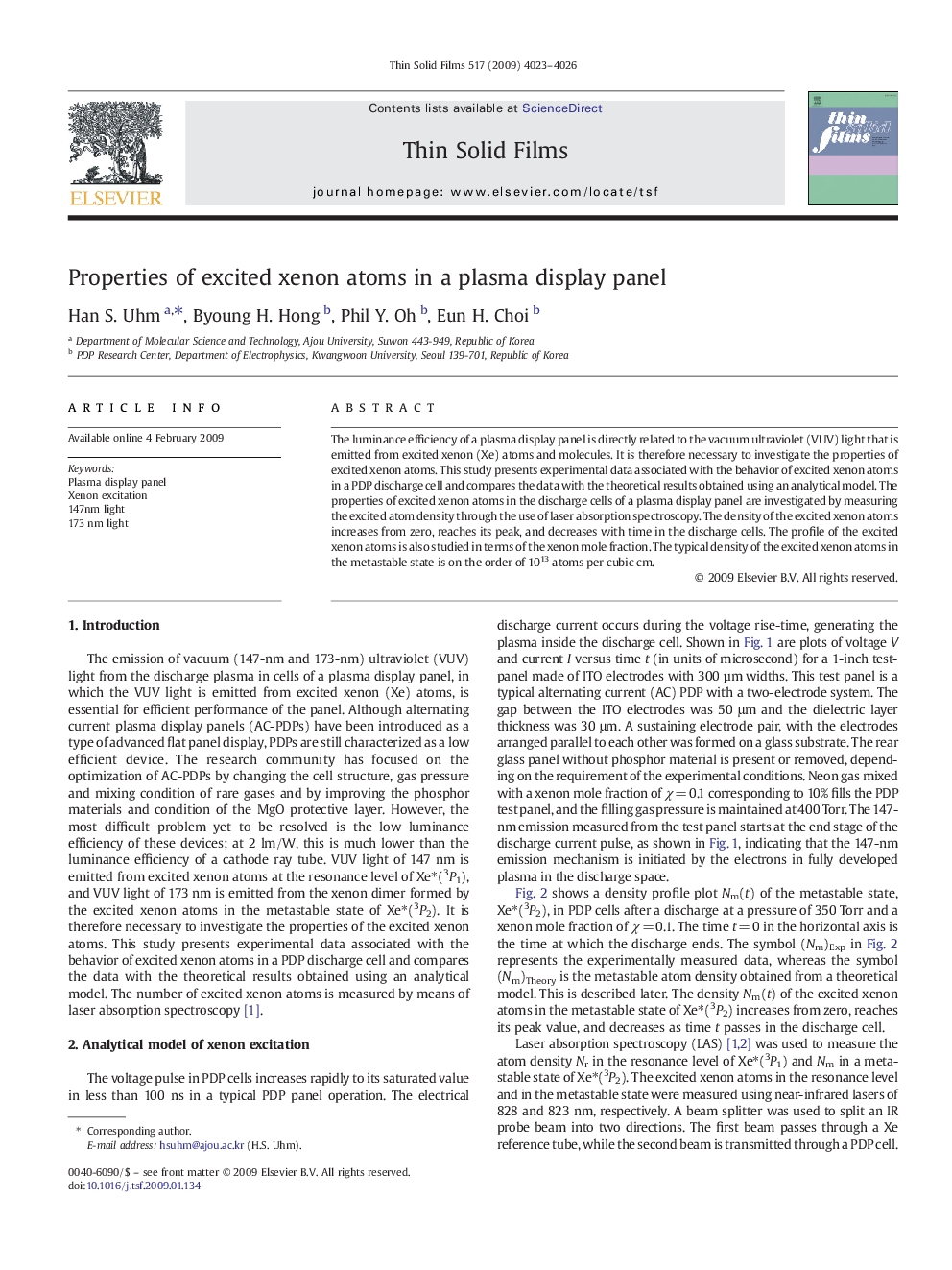 Properties of excited xenon atoms in a plasma display panel