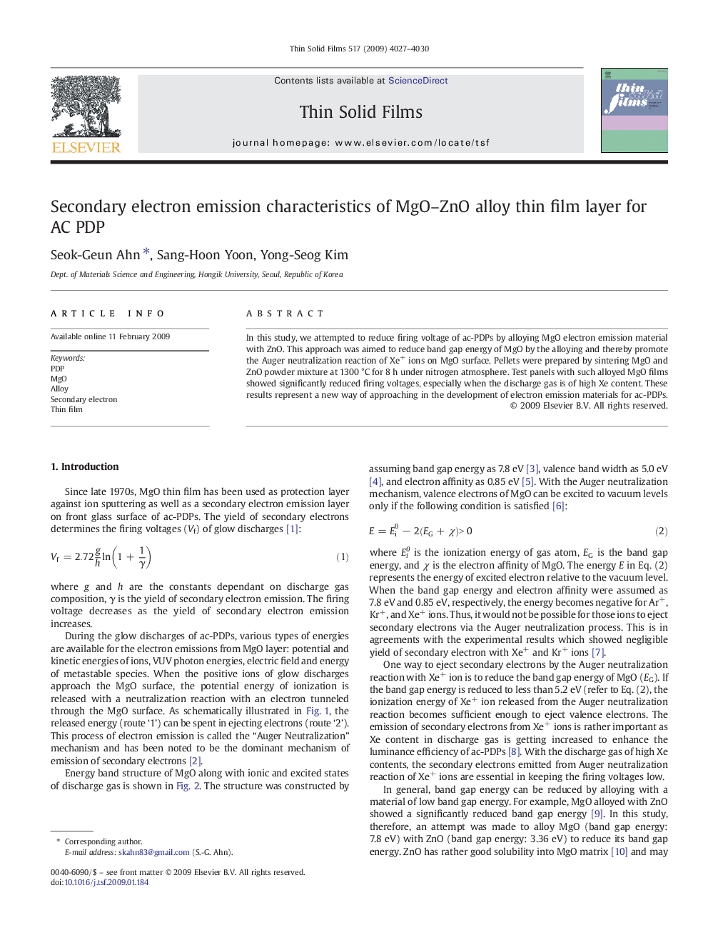 Secondary electron emission characteristics of MgO-ZnO alloy thin film layer for AC PDP