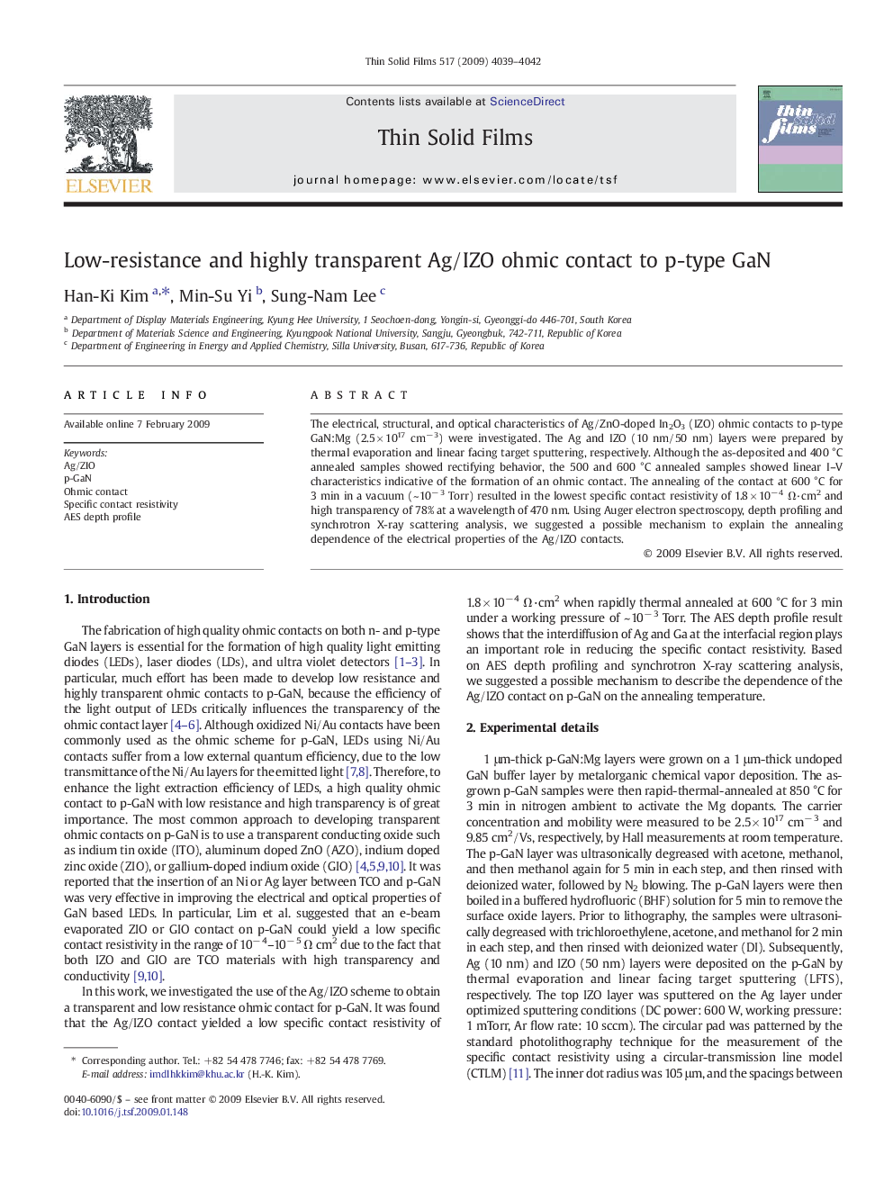 Low-resistance and highly transparent Ag/IZO ohmic contact to p-type GaN