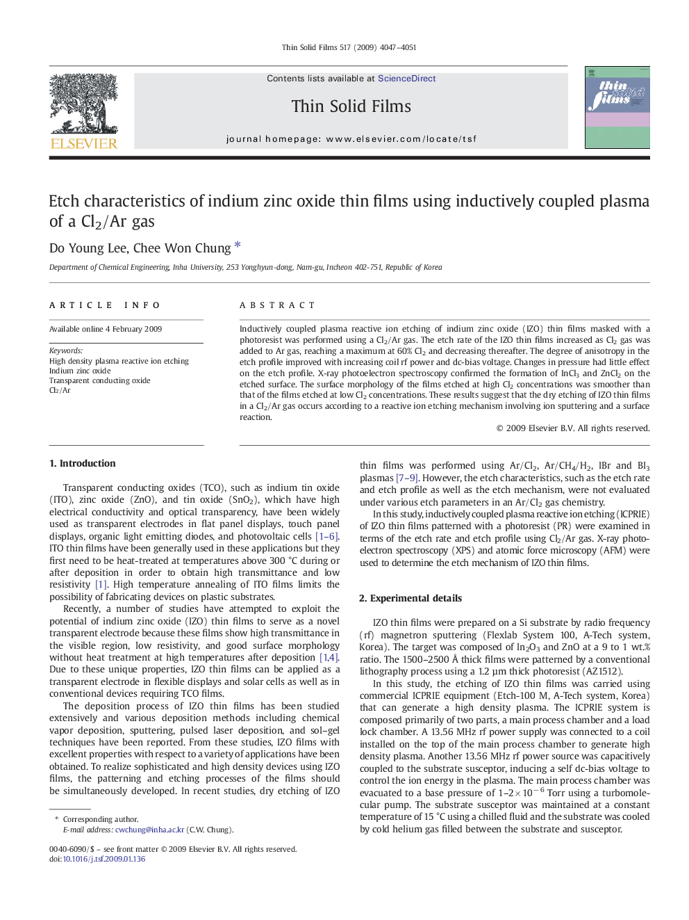 Etch characteristics of indium zinc oxide thin films using inductively coupled plasma of a Cl2/Ar gas