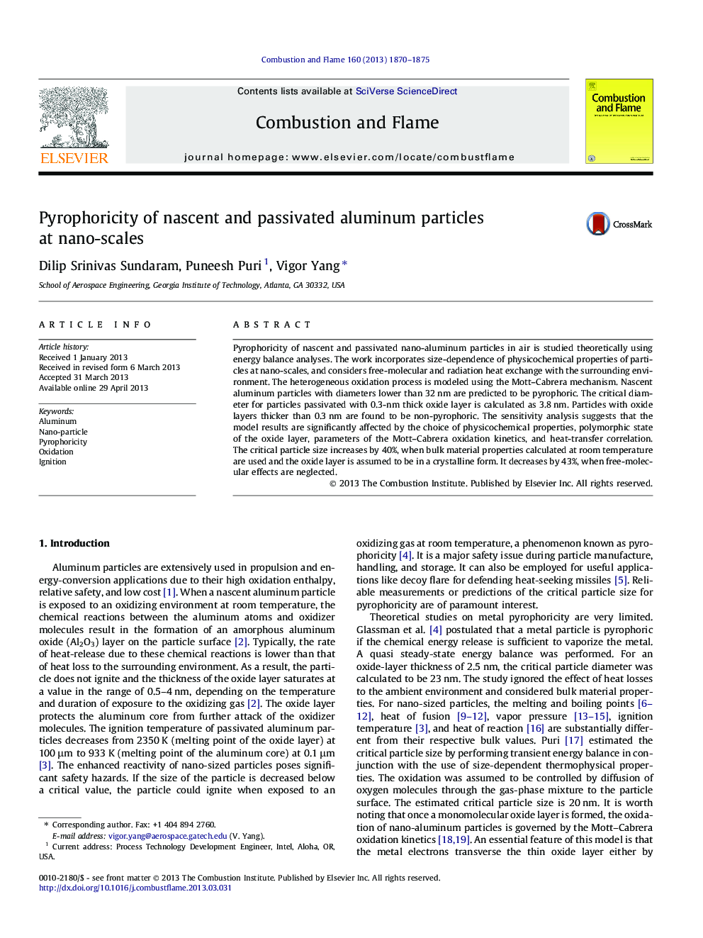 Pyrophoricity of nascent and passivated aluminum particles at nano-scales