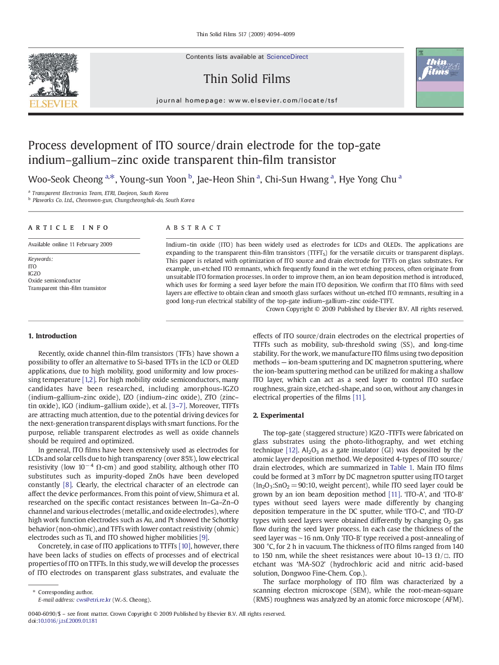 Process development of ITO source/drain electrode for the top-gate indium–gallium–zinc oxide transparent thin-film transistor