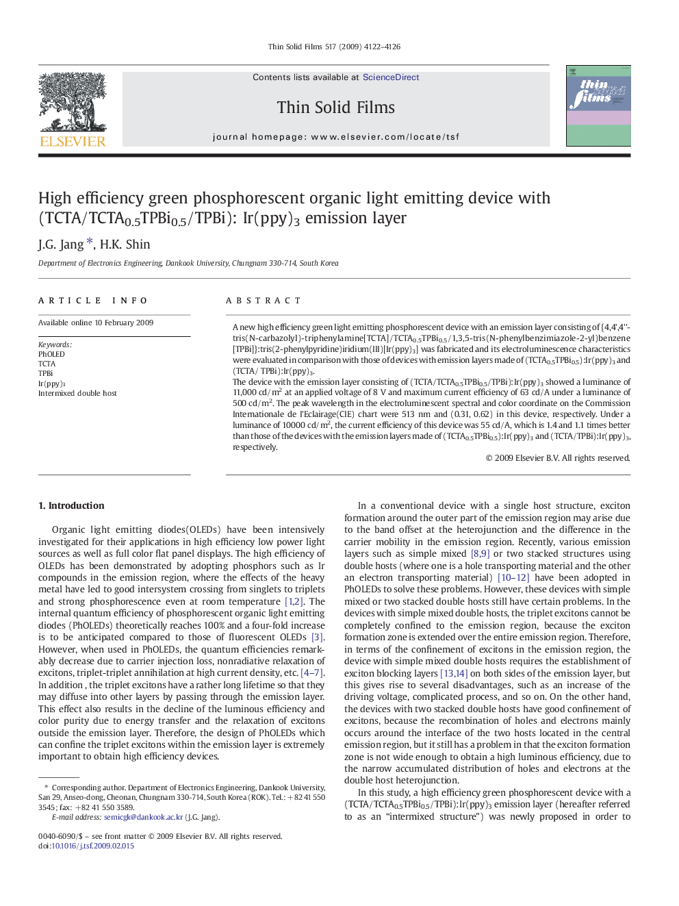 High efficiency green phosphorescent organic light emitting device with (TCTA/TCTA0.5TPBi0.5/TPBi): Ir(ppy)3 emission layer