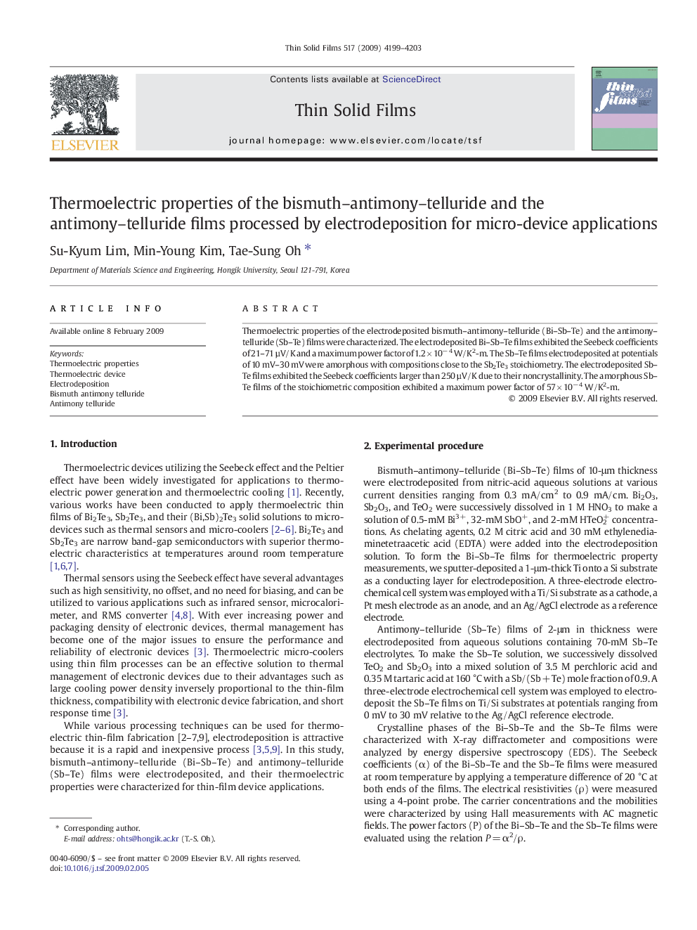 Thermoelectric properties of the bismuth–antimony–telluride and the antimony–telluride films processed by electrodeposition for micro-device applications