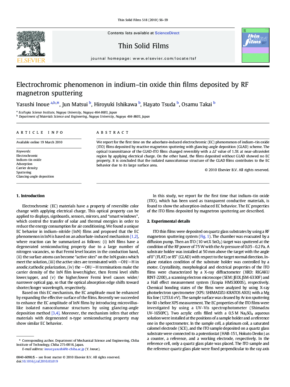 Electrochromic phenomenon in indium–tin oxide thin films deposited by RF magnetron sputtering