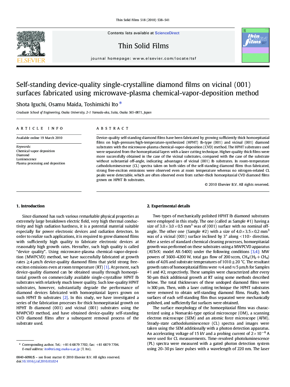 Self-standing device-quality single-crystalline diamond films on vicinal (001) surfaces fabricated using microwave-plasma chemical-vapor-deposition method