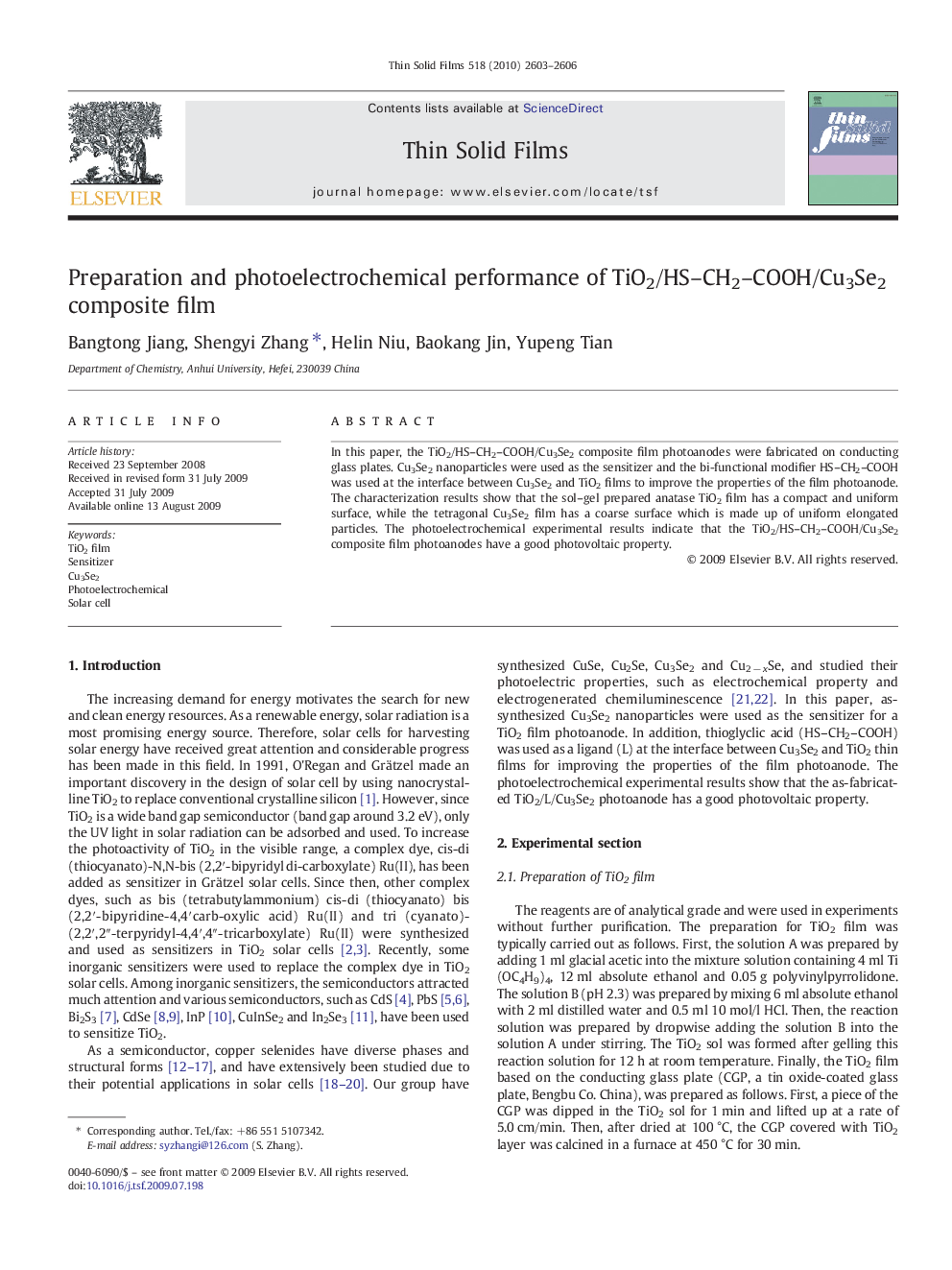 Preparation and photoelectrochemical performance of TiO2/HS-CH2-COOH/Cu3Se2 composite film