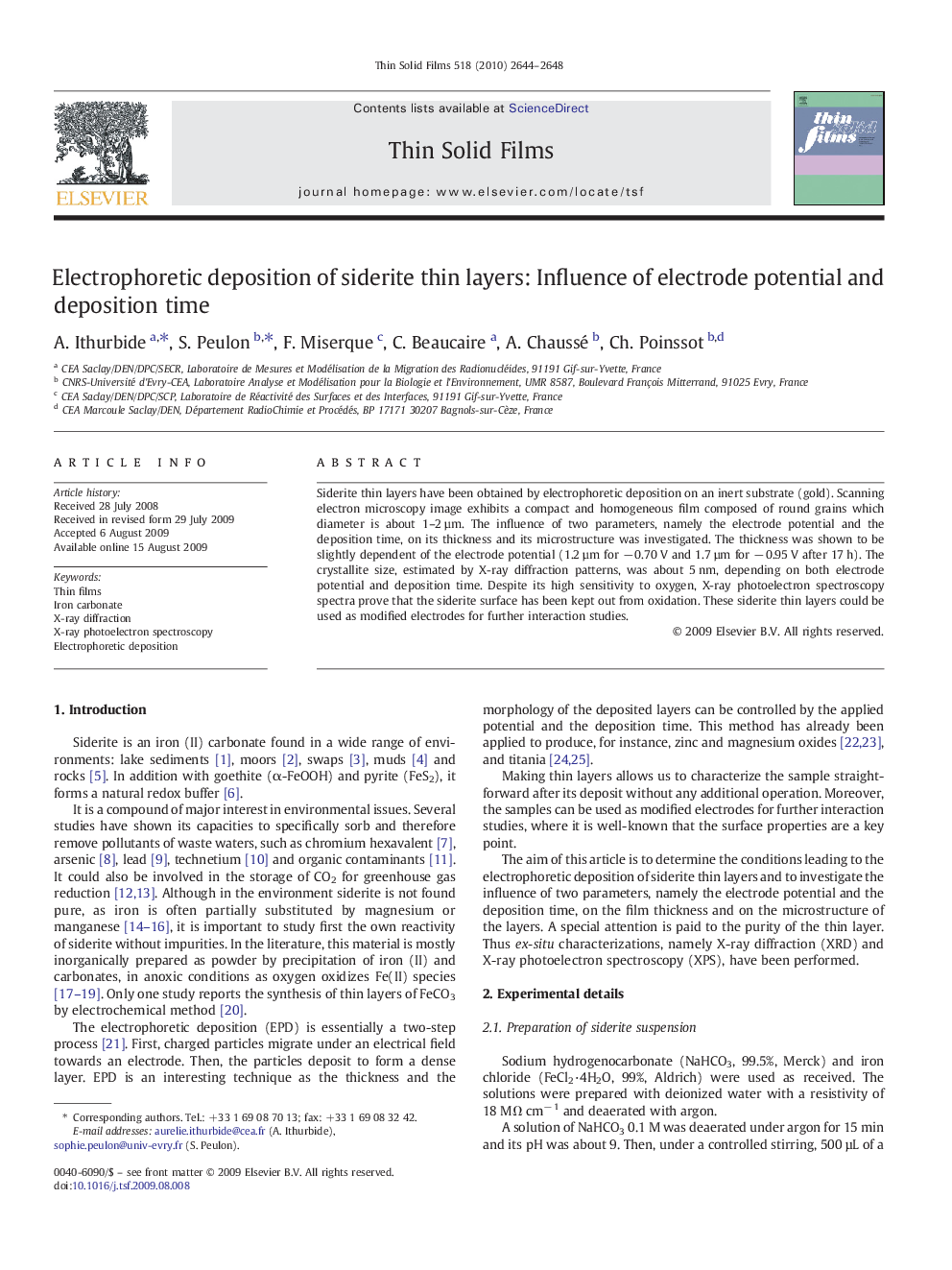 Electrophoretic deposition of siderite thin layers: Influence of electrode potential and deposition time