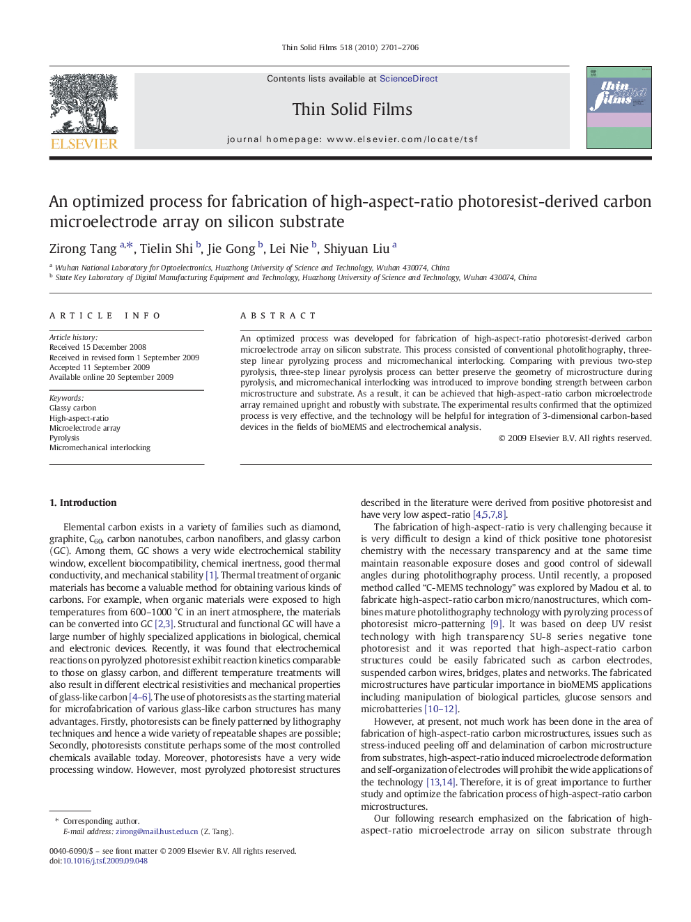 An optimized process for fabrication of high-aspect-ratio photoresist-derived carbon microelectrode array on silicon substrate