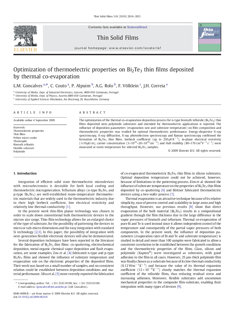 عکس صفحه اول مقاله: Optimization of thermoelectric properties on Bi2Te3 thin films deposited by thermal co-evaporation Optimization of thermoelectric properties on Bi2Te3 thin films deposited by thermal co-evaporation