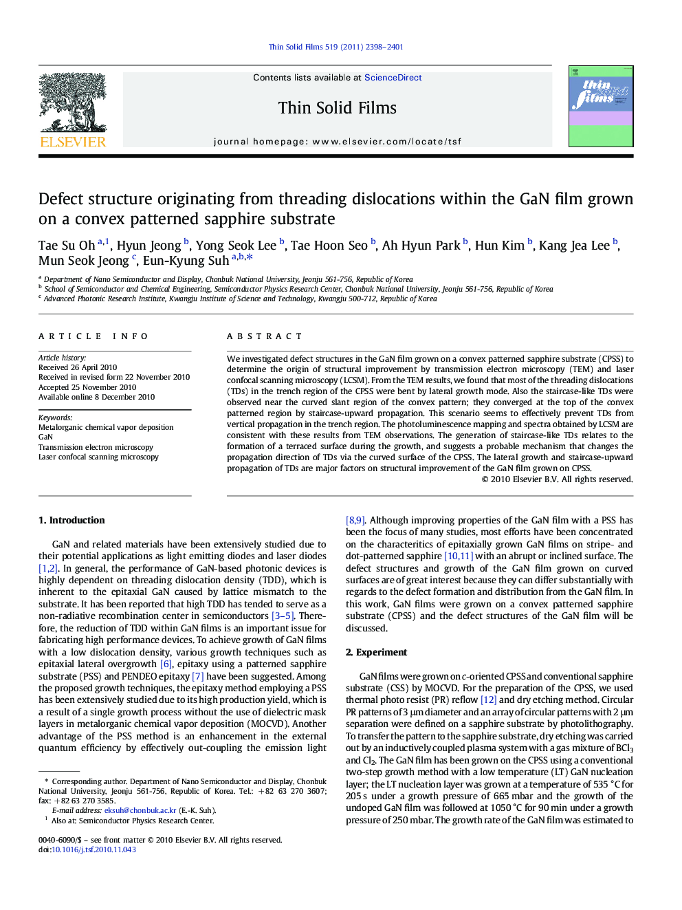 Defect structure originating from threading dislocations within the GaN film grown on a convex patterned sapphire substrate