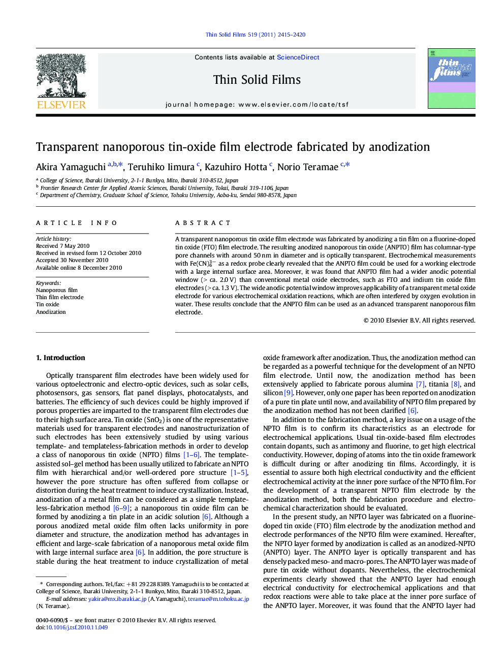 Transparent nanoporous tin-oxide film electrode fabricated by anodization