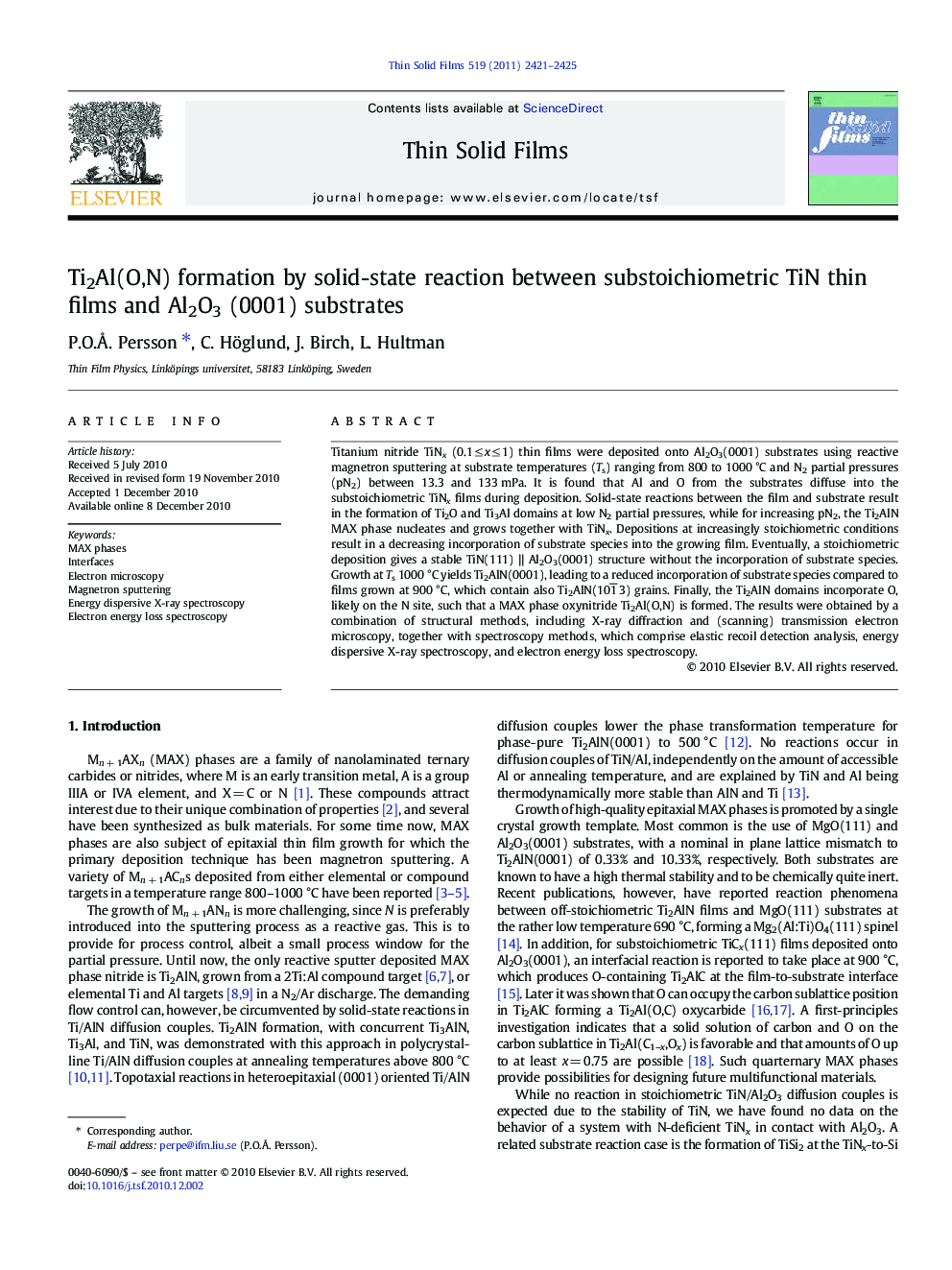 Ti2Al(O,N) formation by solid-state reaction between substoichiometric TiN thin films and Al2O3 (0001) substrates