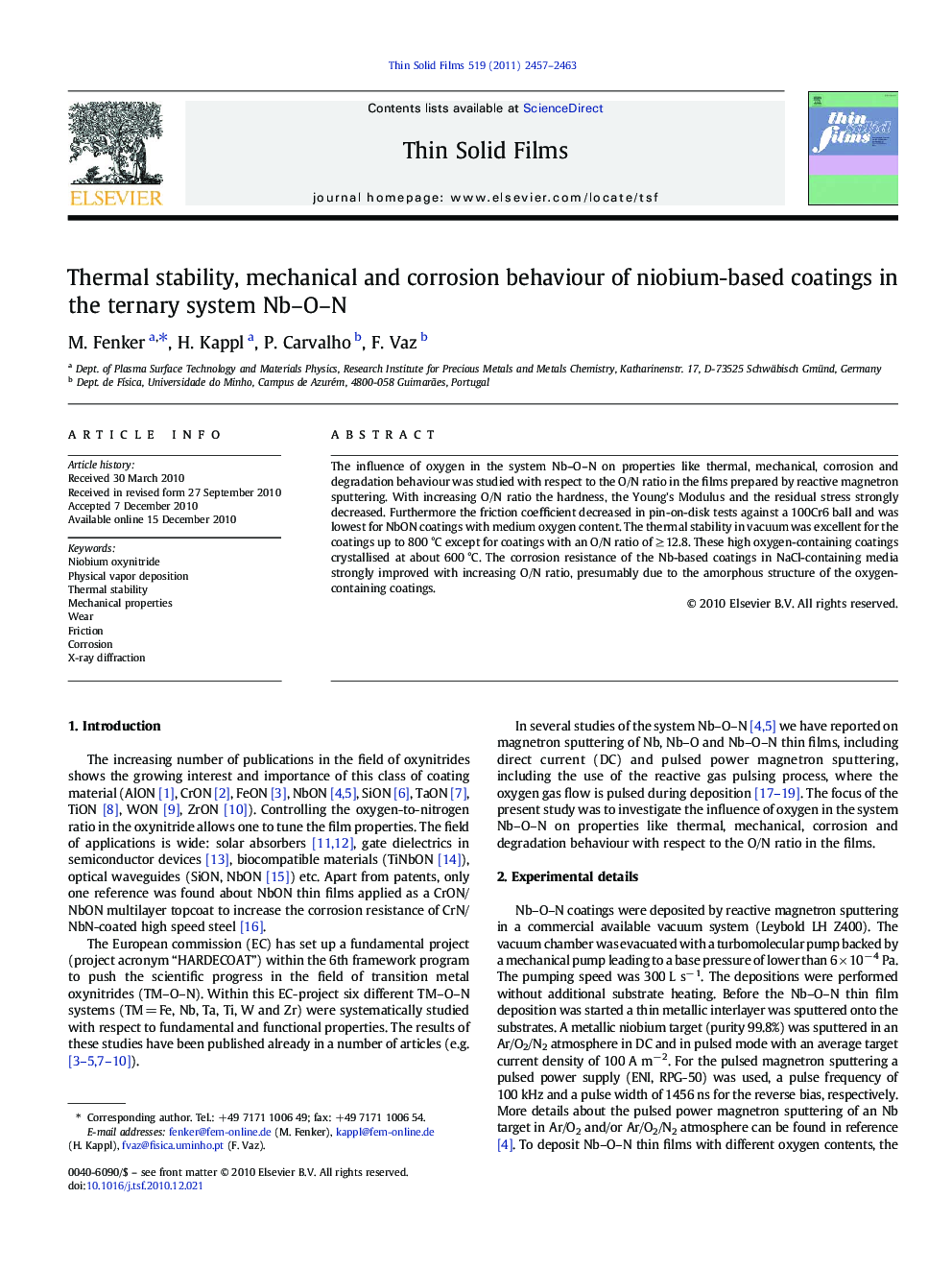 Thermal stability, mechanical and corrosion behaviour of niobium-based coatings in the ternary system Nb–O–N