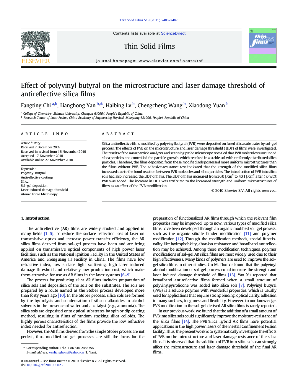 Effect of polyvinyl butyral on the microstructure and laser damage threshold of antireflective silica films