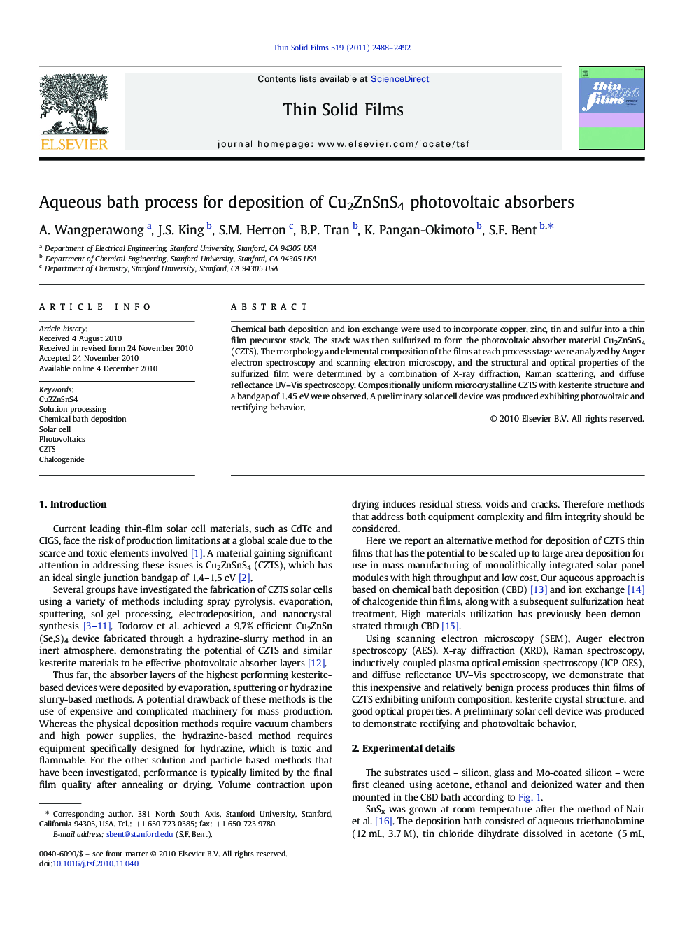 Aqueous bath process for deposition of Cu2ZnSnS4 photovoltaic absorbers