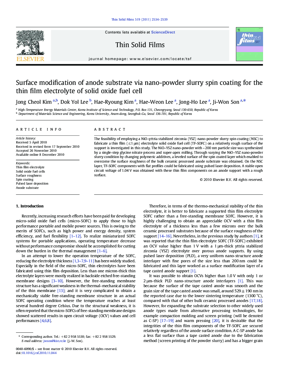 Surface modification of anode substrate via nano-powder slurry spin coating for the thin film electrolyte of solid oxide fuel cell