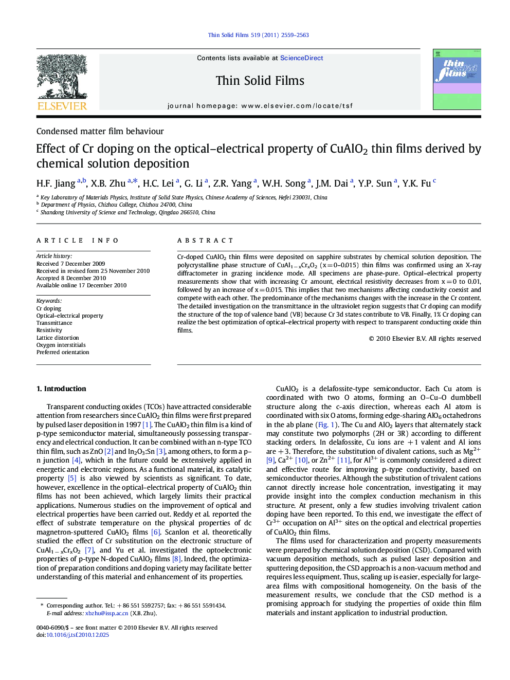 Effect of Cr doping on the optical–electrical property of CuAlO2 thin films derived by chemical solution deposition