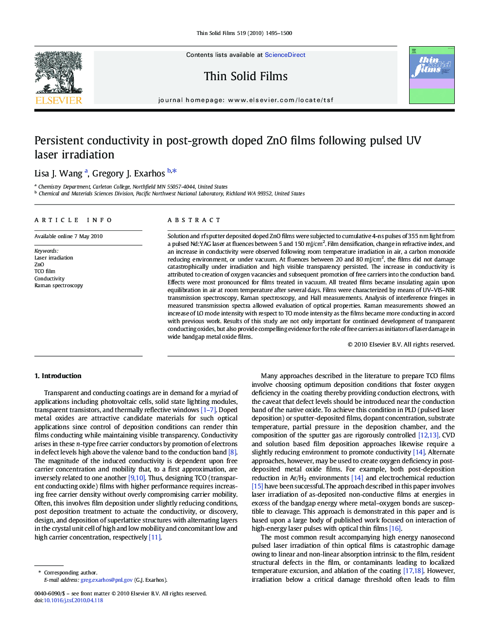 Persistent conductivity in post-growth doped ZnO films following pulsed UV laser irradiation