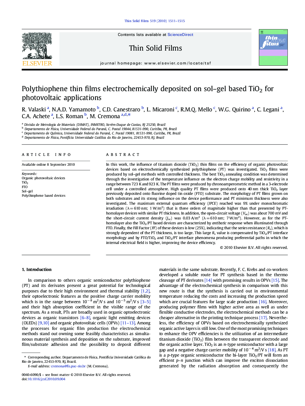 Polythiophene thin films electrochemically deposited on sol–gel based TiO2 for photovoltaic applications