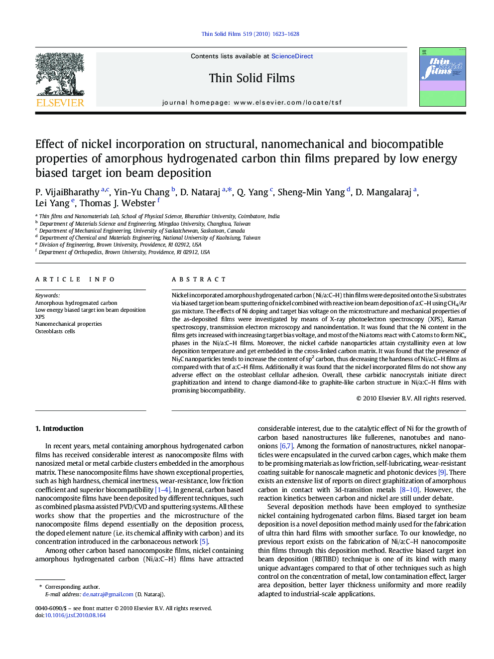 Effect of nickel incorporation on structural, nanomechanical and biocompatible properties of amorphous hydrogenated carbon thin films prepared by low energy biased target ion beam deposition