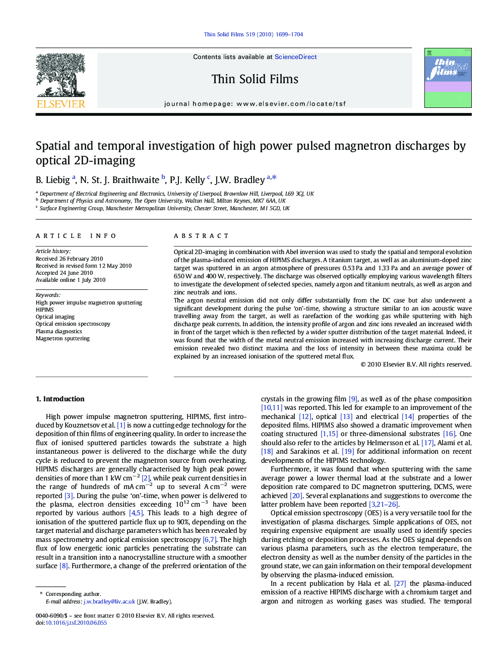 Spatial and temporal investigation of high power pulsed magnetron discharges by optical 2D-imaging