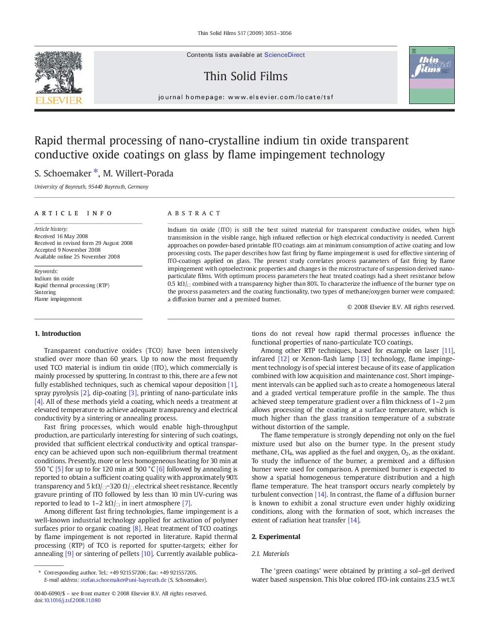 Rapid thermal processing of nano-crystalline indium tin oxide transparent conductive oxide coatings on glass by flame impingement technology