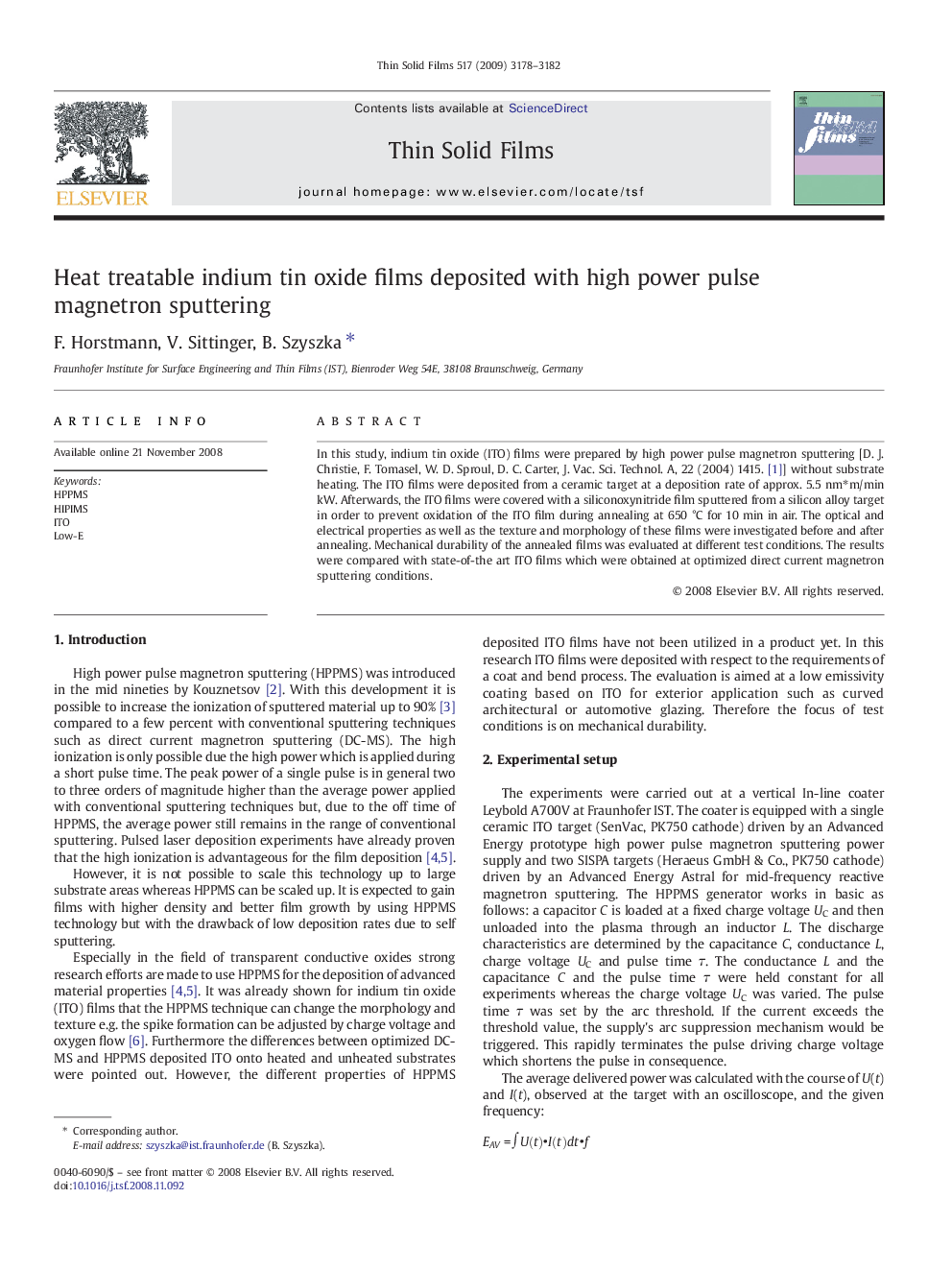 Heat treatable indium tin oxide films deposited with high power pulse magnetron sputtering