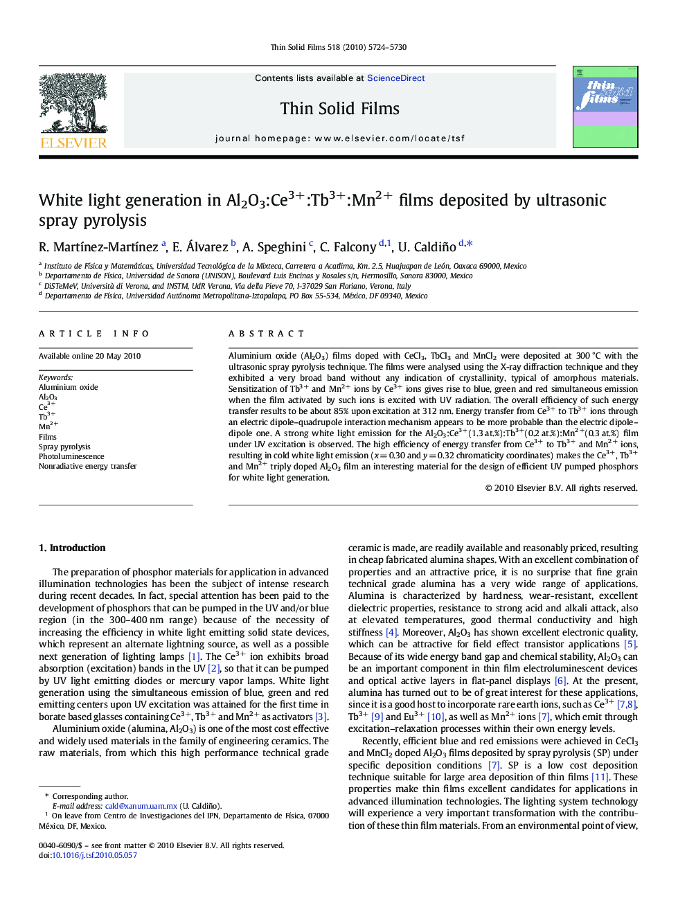 White light generation in Al2O3:Ce3+:Tb3+:Mn2+ films deposited by ultrasonic spray pyrolysis