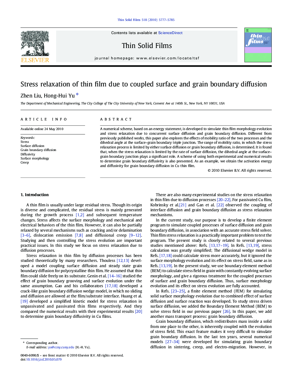 Stress relaxation of thin film due to coupled surface and grain boundary diffusion