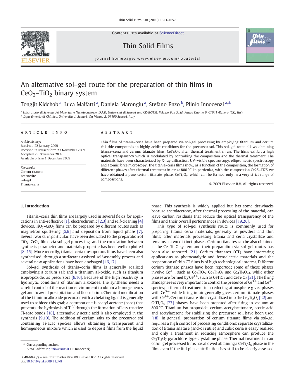 An alternative sol–gel route for the preparation of thin films in CeO2–TiO2 binary system