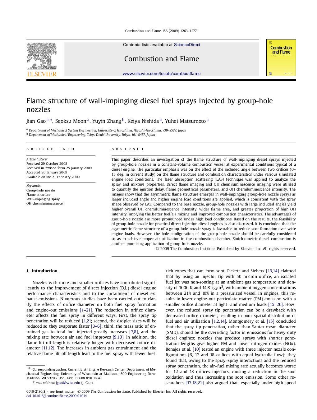 Flame structure of wall-impinging diesel fuel sprays injected by group-hole nozzles