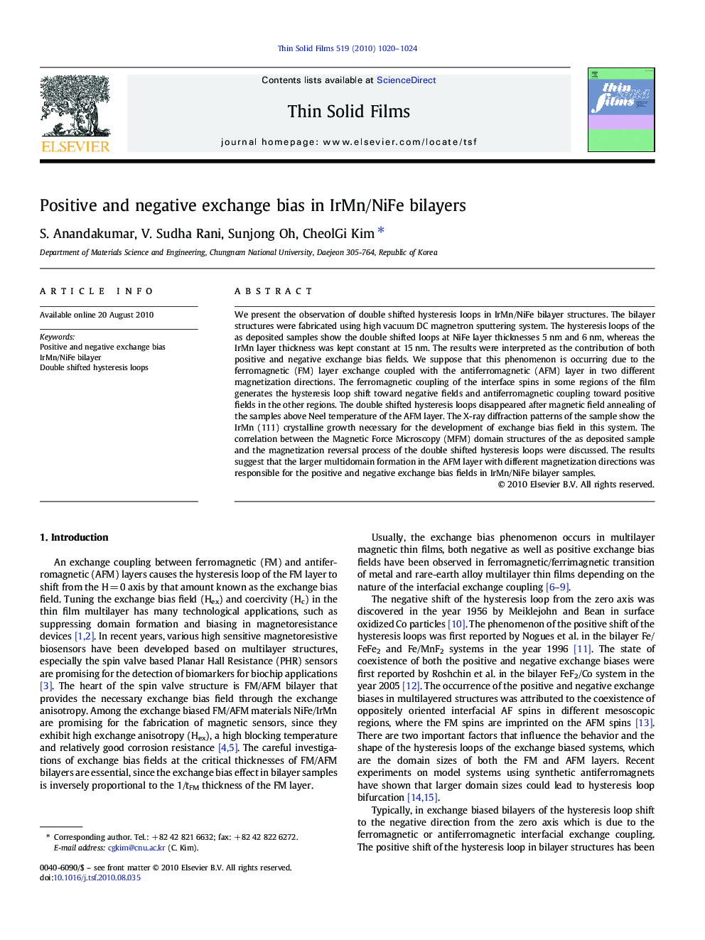 عکس صفحه اول مقاله: Positive and negative exchange bias in IrMn/NiFe bilayers Positive and negative exchange bias in IrMn/NiFe bilayers