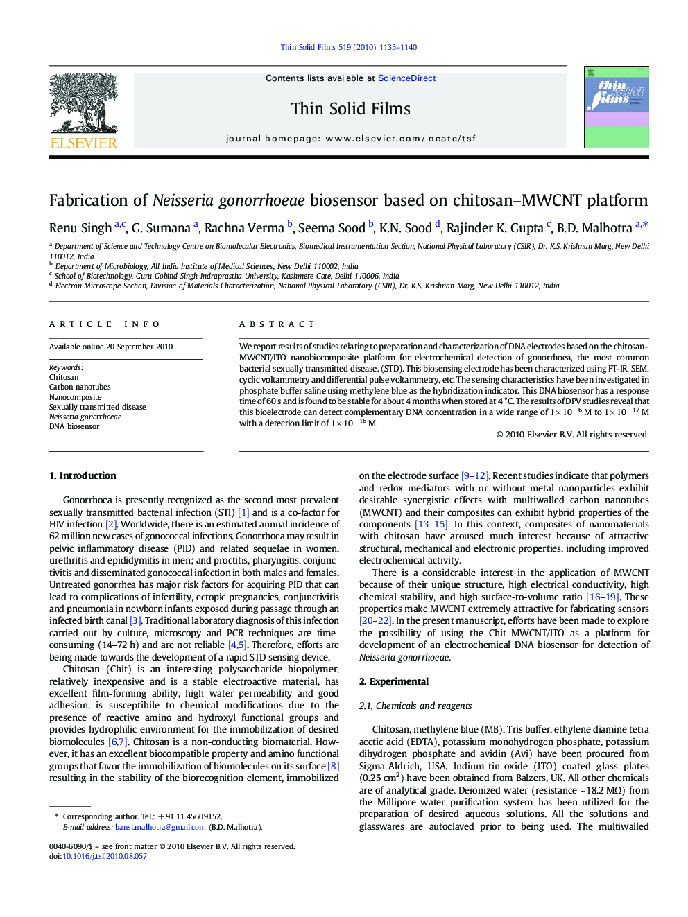 Fabrication of Neisseria gonorrhoeae biosensor based on chitosan–MWCNT platform