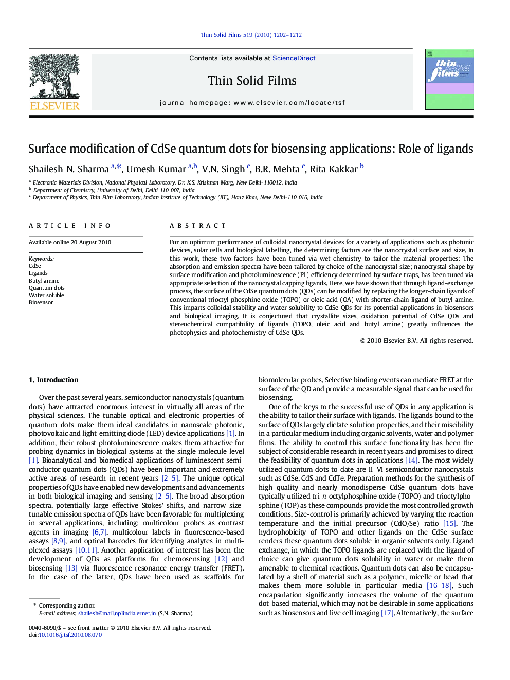 Surface modification of CdSe quantum dots for biosensing applications: Role of ligands