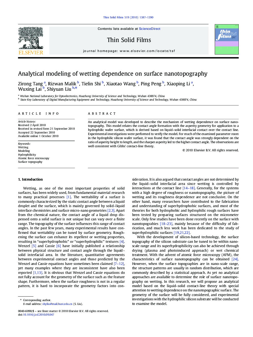 Analytical modeling of wetting dependence on surface nanotopography