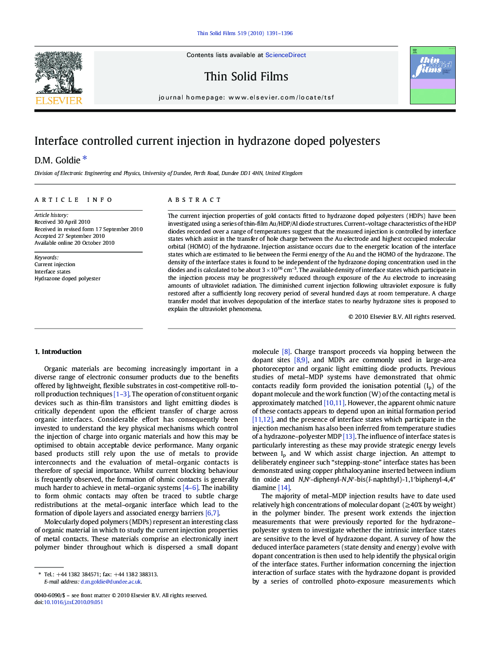 Interface controlled current injection in hydrazone doped polyesters